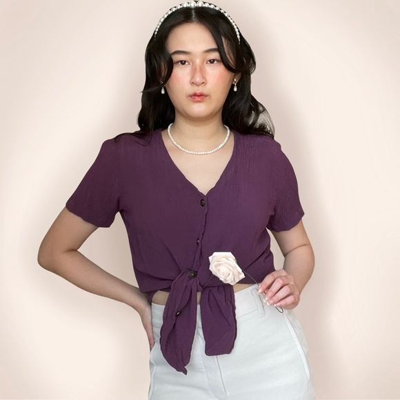 Vintage stretchy ribbed texture short sleeve purpl - Picture 3 of 4